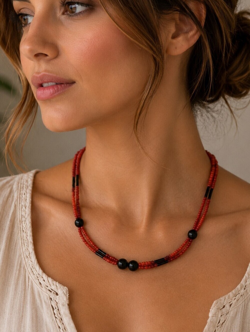 Vintage Unisex Ethnic Coral Seed Bead and Onyx Beaded Necklace